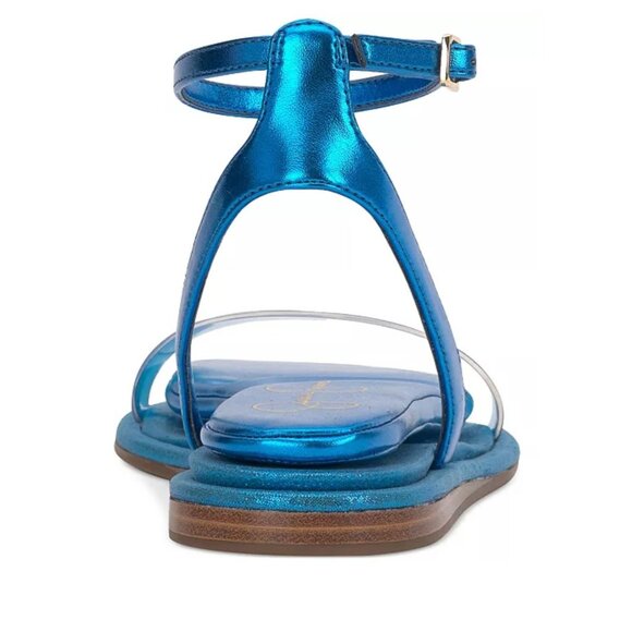 Jessica Simpson Blue Metallic & Clear Strap Ankle Sandals With Flat Sole. - Picture 4 of 5